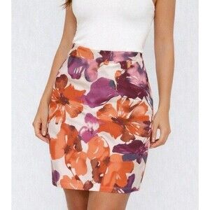 Loft Skirt Women's 6 Purple Orange Tropical Lined Silk Skirt Hawaiian Beachy
